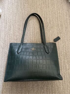 Coach Croc-Embossed Leather Tote in Deep Green/black